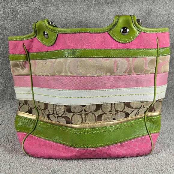 Coach Stripe Signature Monogram Purse Canvas Leather Tote Bag Pink Green - Picture 9 of 16